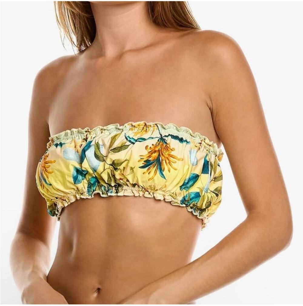 PQ SWIM PILYQ Oasis Bikini Top Size Large NWT Remi Ruched Bandeau Yellow Floral